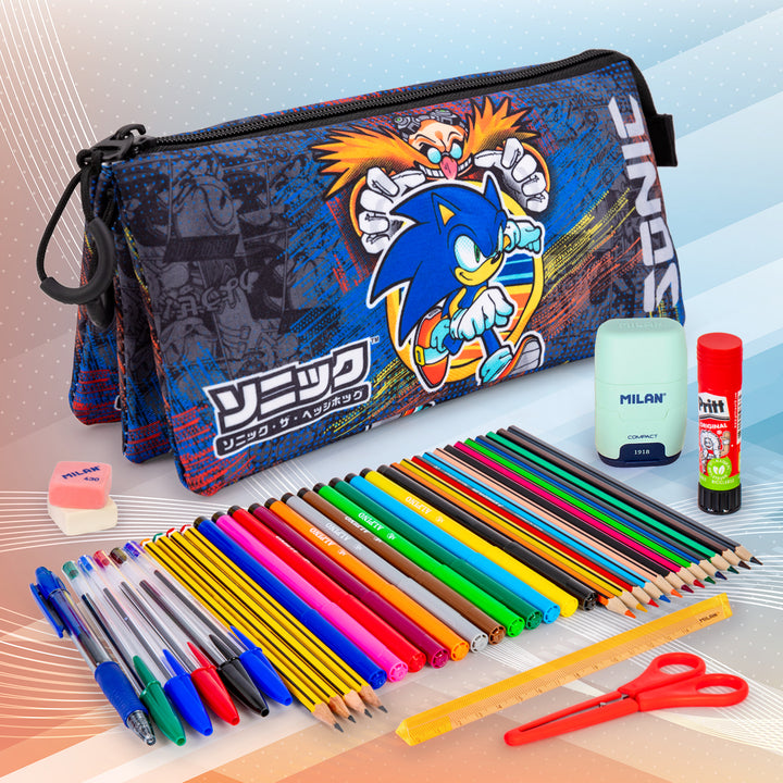 ColePack Sonic - Estuche Triple de 2 Cremalleras con Material Escolar. Checkpoint