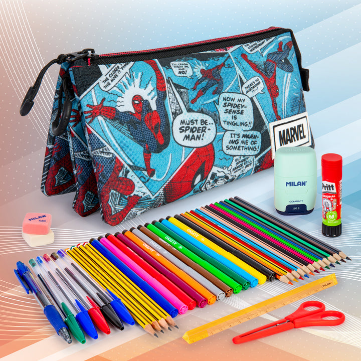 ColePack Spiderman - Estuche Triple de 2 Cremalleras con Material Escolar. Brush