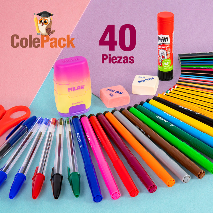 ColePack BitsBobs - Estuche Escolar Cuádruple de 4 Cremalleras y Material Incluido. Azul Soft