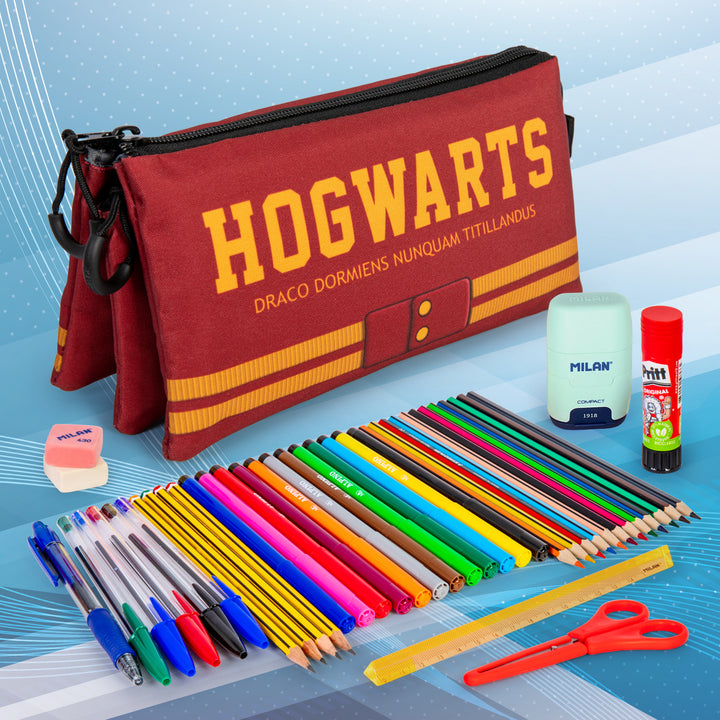 HARRY POTTER Gryffindor - Estuche Escolar Triple Portatodo con 2 Cremalleras. Rojo