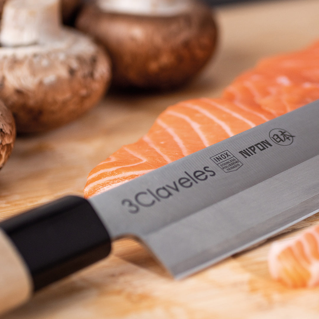 3 Claveles NIPON - Cuchillo Japones Yanagiba 30 cm Acero Inoxidable y Mango Madera de Arce