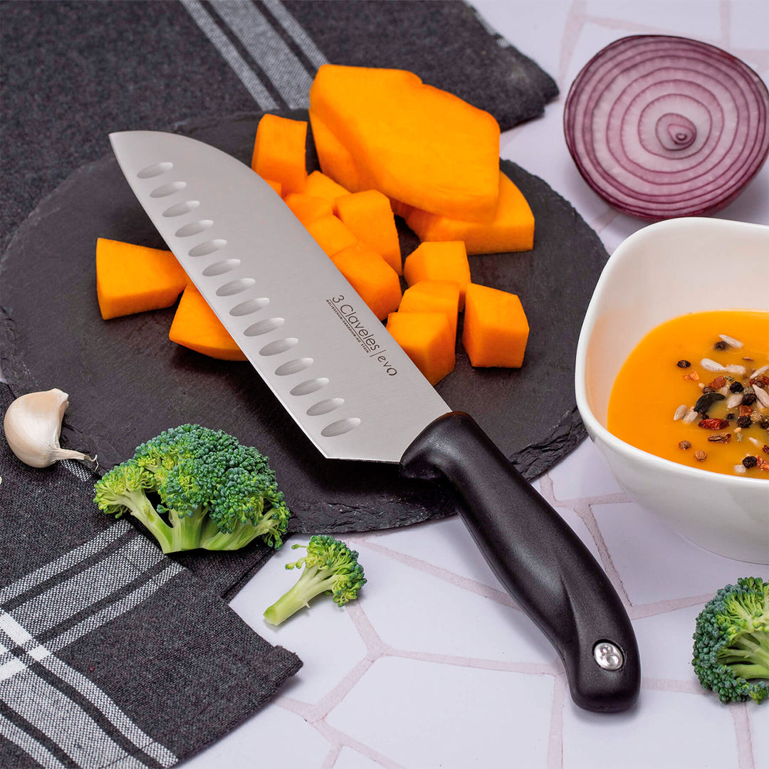 Claveles EVO - Set de 3 Cuchillos de Verduras, Cocina y Santoku en Acero Inoxidable