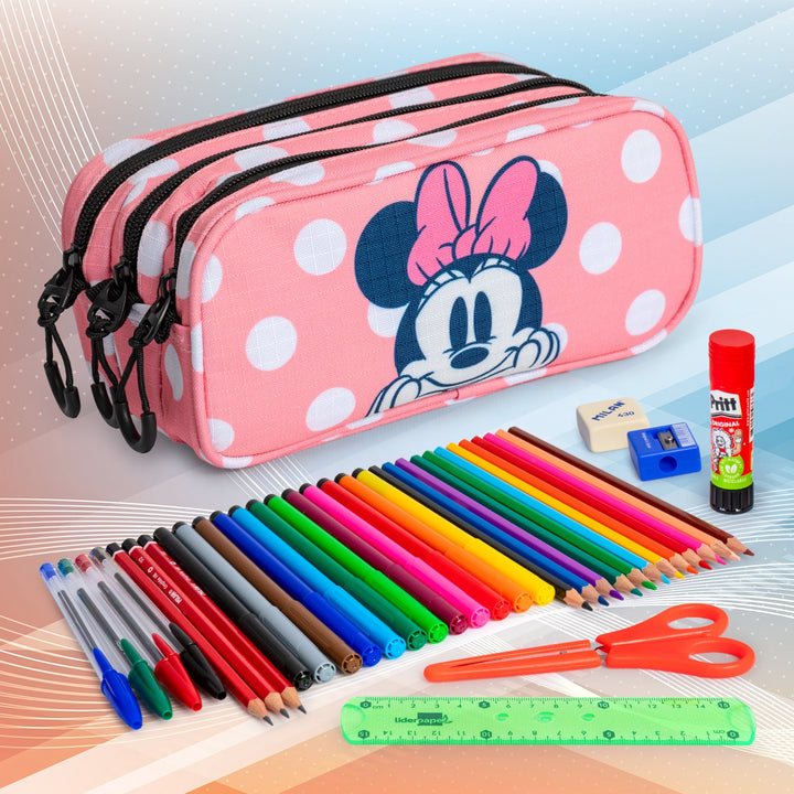 DISNEY Minnie Closer - Estuche Escolar Triple Portatodo Tres Cremalleras TRICK FAN Rosa