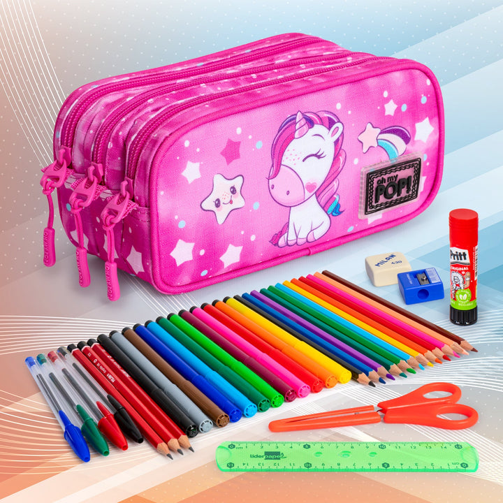 OH MY POP! Daydream - Estuche Escolar Triple Portatodo Tres Cremalleras TRICK FAN Rosa