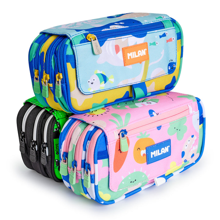 Milan Tandem - Estuche Portatodo Triple con Cuatro Cremalleras para Material Escolar