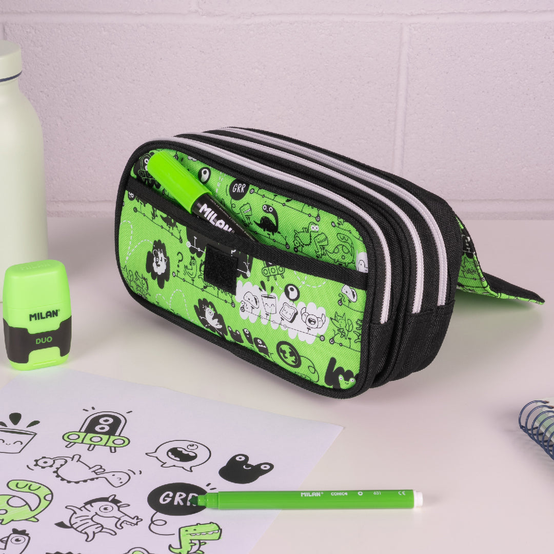 Milan Tandem - Estuche Portatodo Triple con Cuatro Cremalleras para Material Escolar