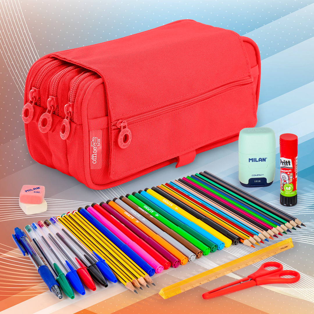 ColePack Pro - Estuche Triple de 3 Cremalleras con Material Escolar Incluido. Rojo Coral