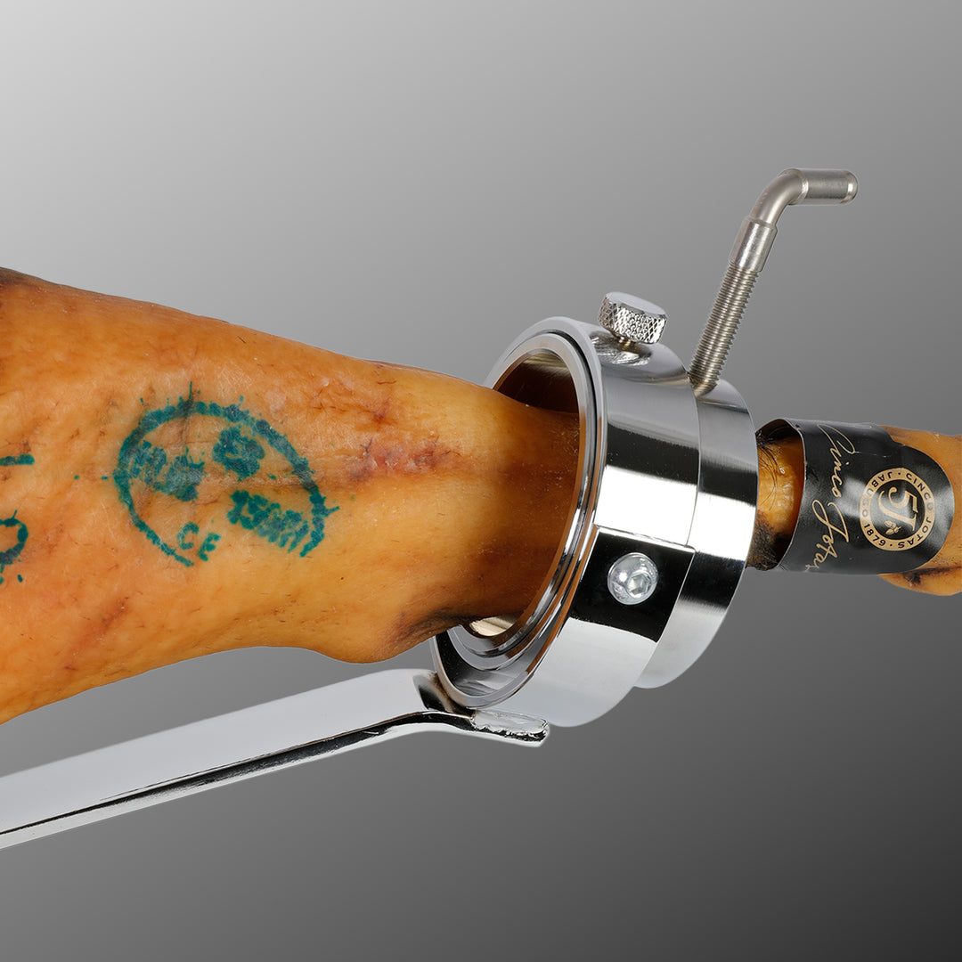 BELLO Teide - Soporte Jamonero Basculante en Fibra Negra y Acero Inoxidable con Cubrejamón