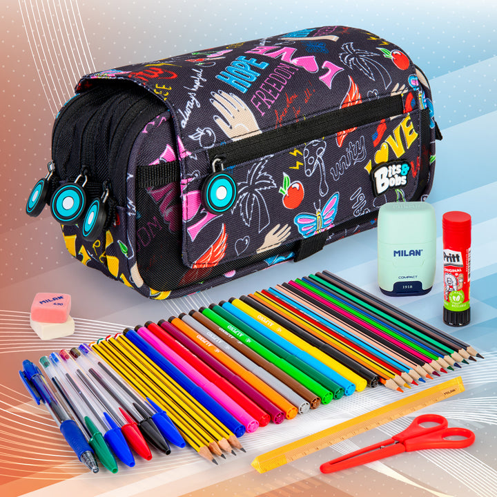 ColePack Design - Estuche Triple de 3 Cremalleras con Material Escolar Incluido. WOW