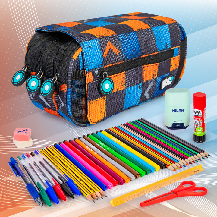 ColePack Design - Estuche Triple de 3 Cremalleras con Material Escolar Incluido. Match