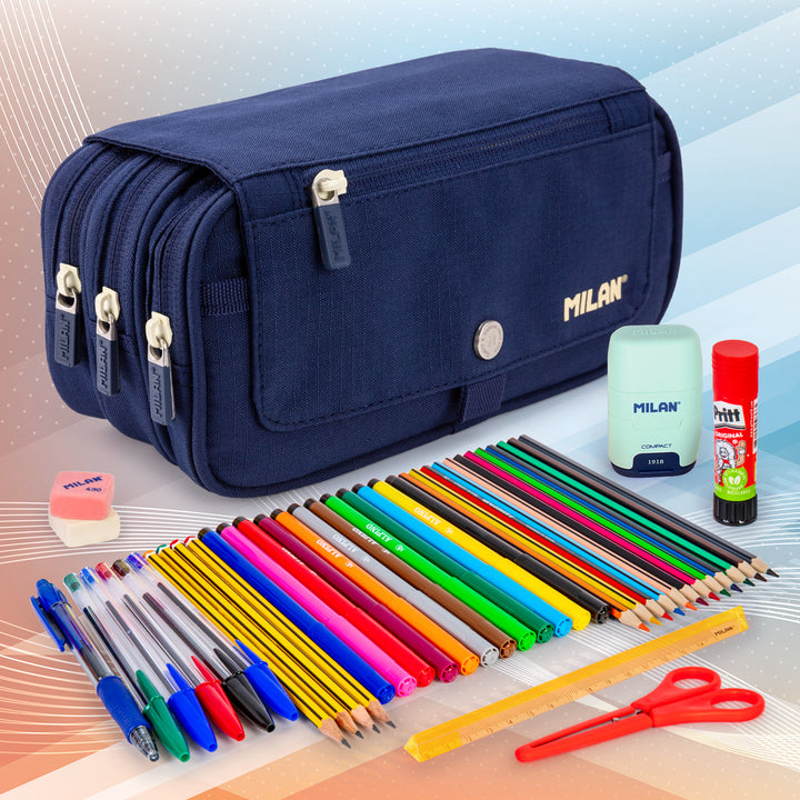 ColePack Milan - Estuche Triple de 3 Cremalleras y Material Escolar Incluido. Azul 1918