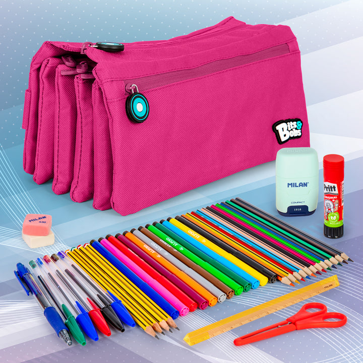 ColePack BitsBobs - Estuche Escolar Cuádruple de 4 Cremalleras y Material Incluido. Magenta