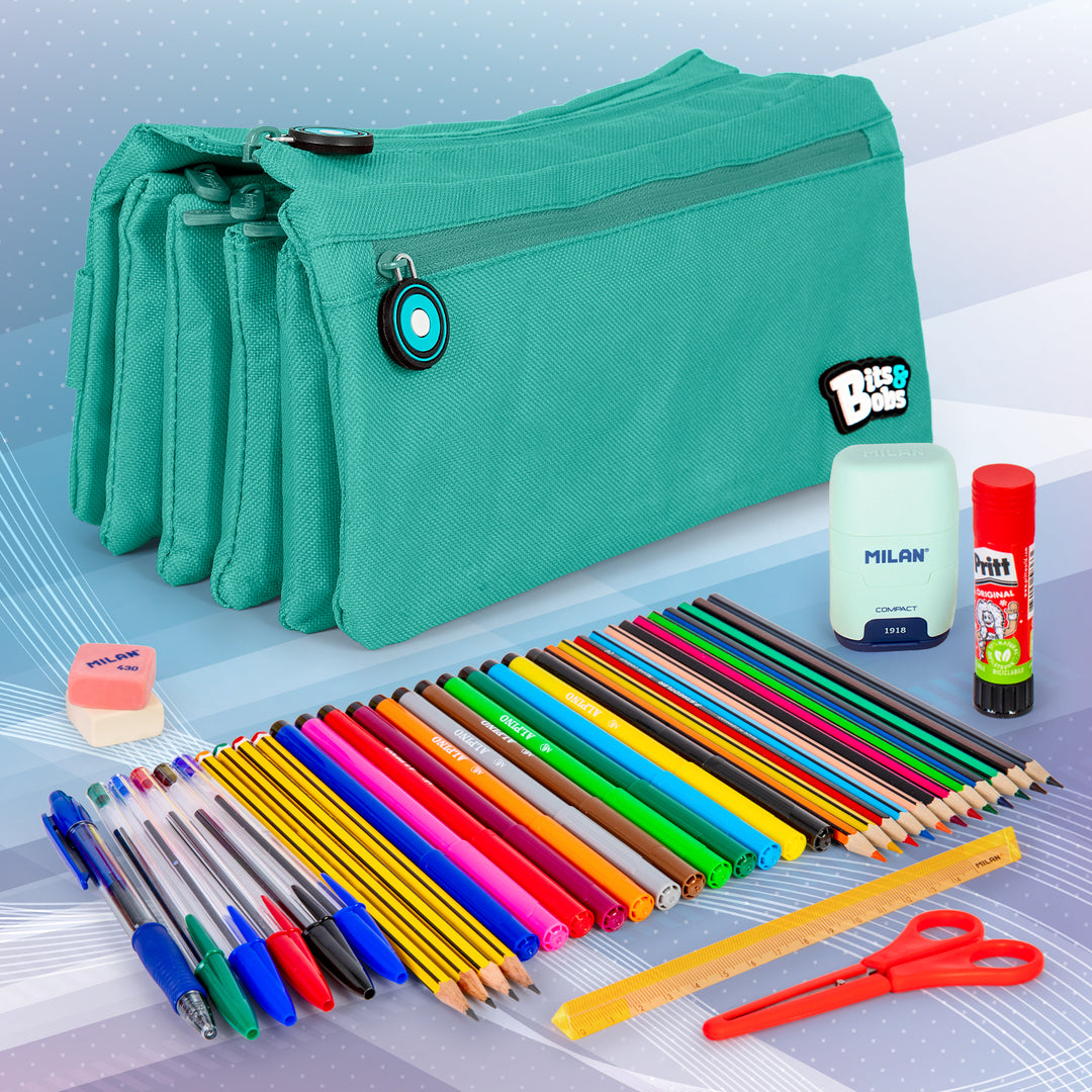 ColePack BitsBobs - Estuche Escolar Cuádruple de 4 Cremalleras y Material Incluido. Turquesa