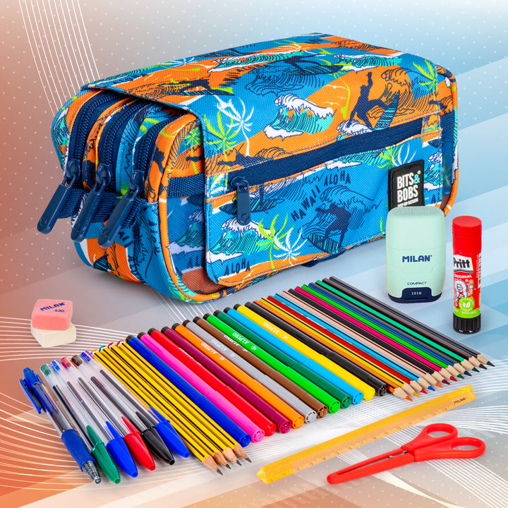 Grafoplás Design - Estuche Portatodo Triple con Solapa para Material Escolar. Hawaii