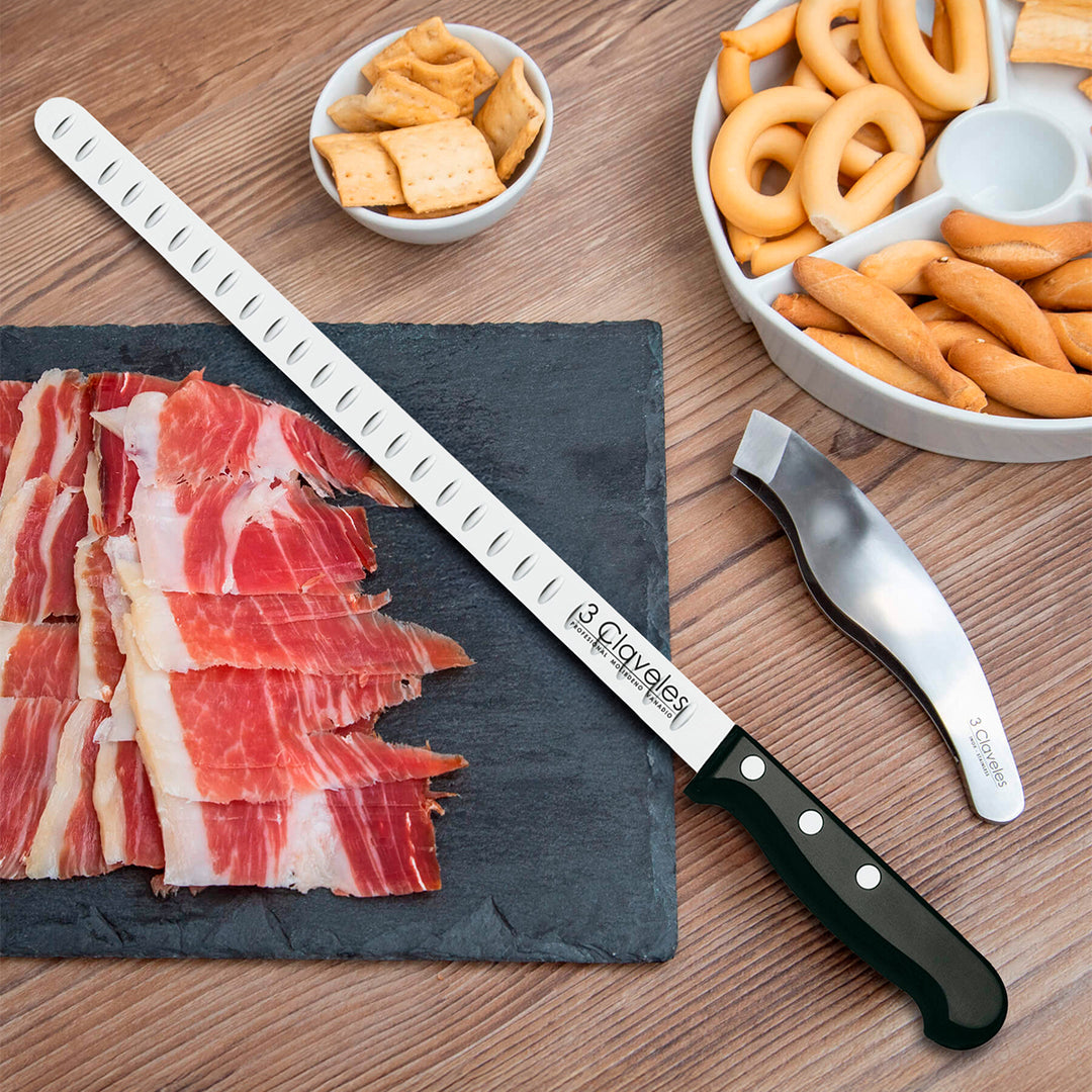 3 Claveles 01748 - Soporte Jamonero Basculante Madera y Kit de Corte Profesional Uniblock