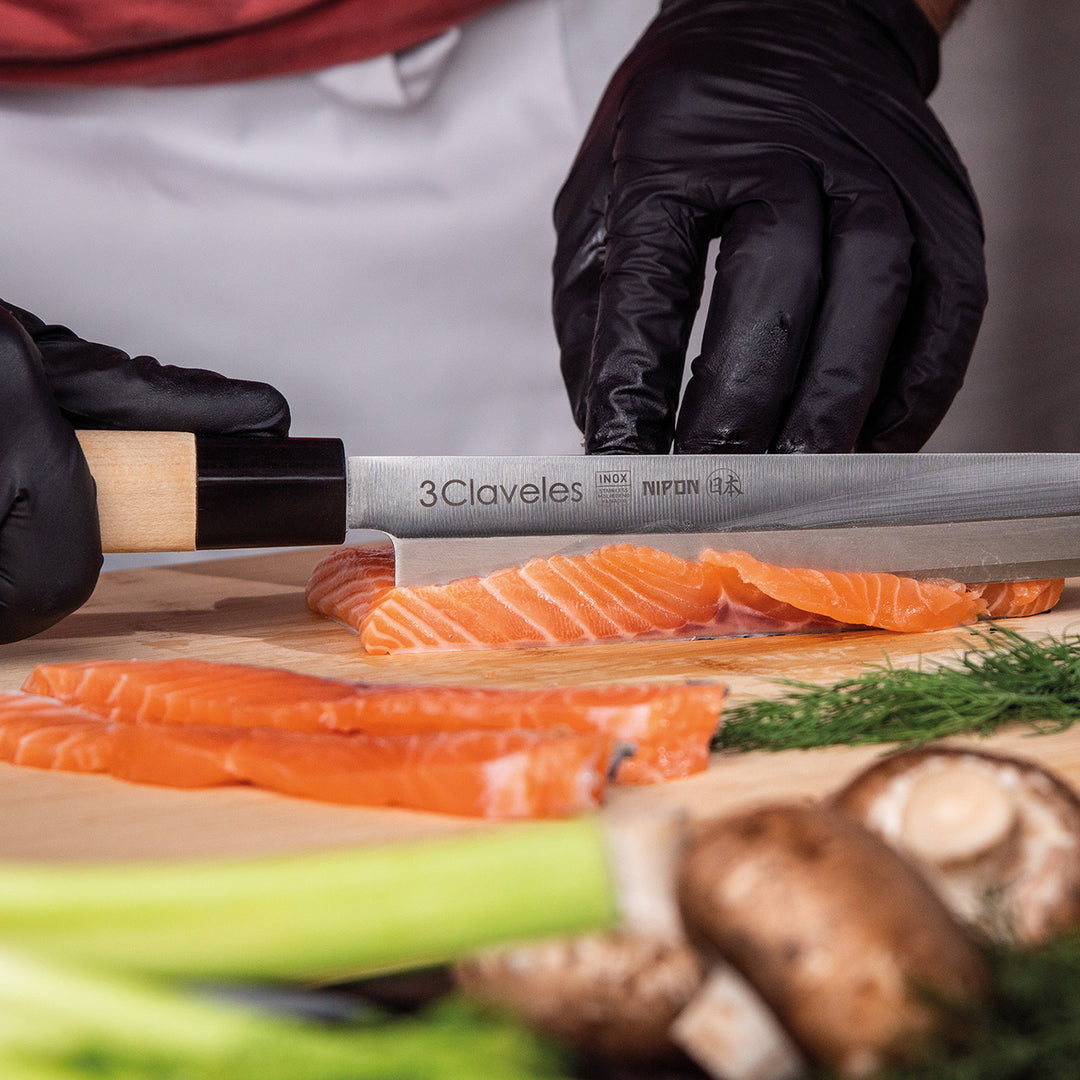 3 Claveles NIPON - Cuchillo Japones Yanagiba 30 cm Acero Inoxidable y Mango Madera de Arce