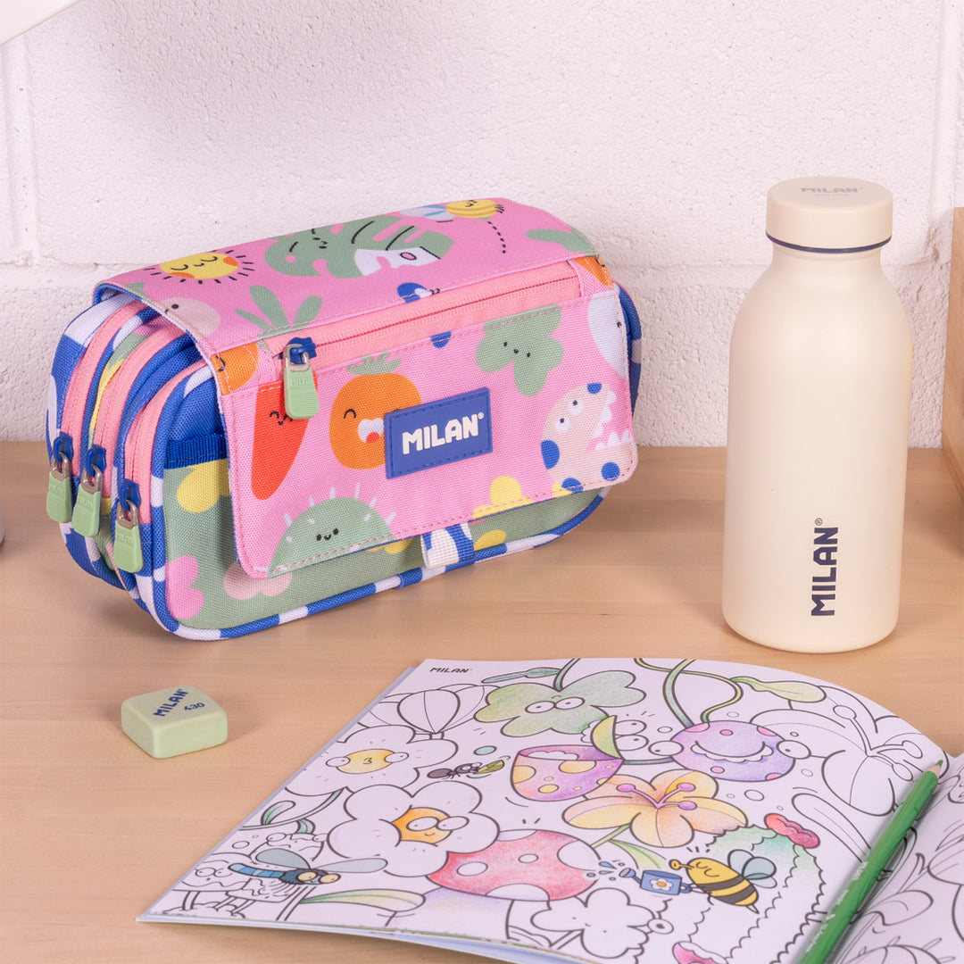 ColePack ECO Milan - Estuche Triple de 3 Cremalleras y Material Escolar Incluido. Green Grow