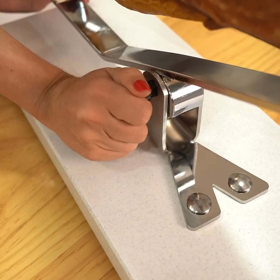 BELLO Teide - Soporte Jamonero Basculante en Fibra Blanca y Acero Inoxidable con Cubrejamón