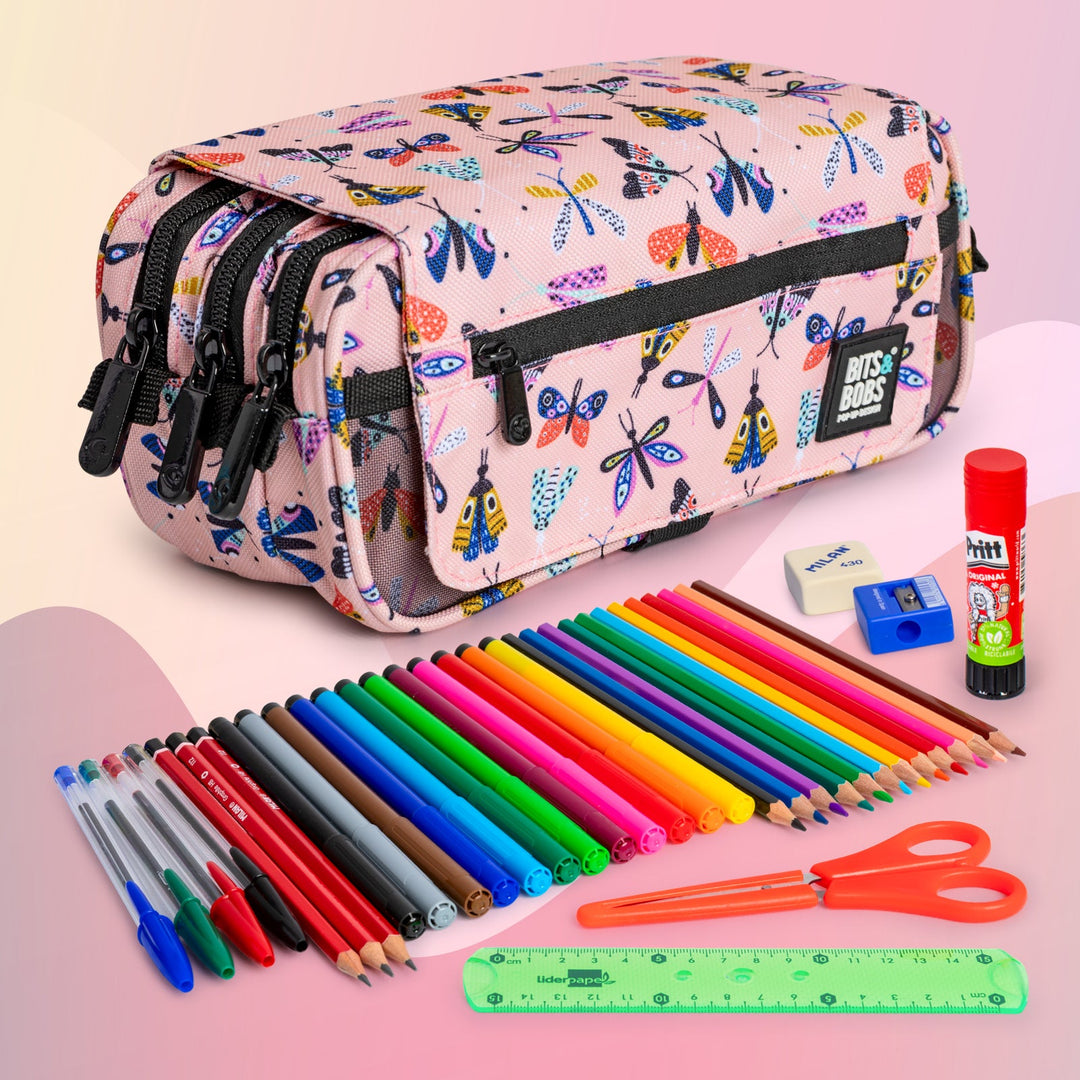 ColePack EcoDes - Estuche Triple de 3 Cremalleras con Material Escolar Incluido. Butterfly