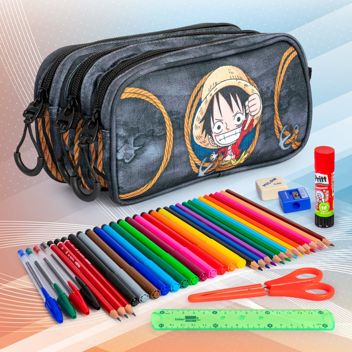 ONE PIECE Ropes - Estuche Escolar Triple Portatodo Tres Cremalleras TRICK FAN Gris