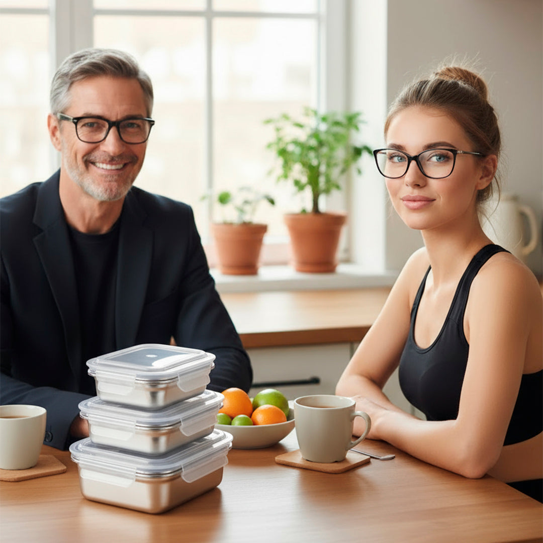 IBILI Keepklin - Lote de 3 Recipientes Cuadrados de 0.3L, 0.5L y 0.8L en Acero Apto Microondas