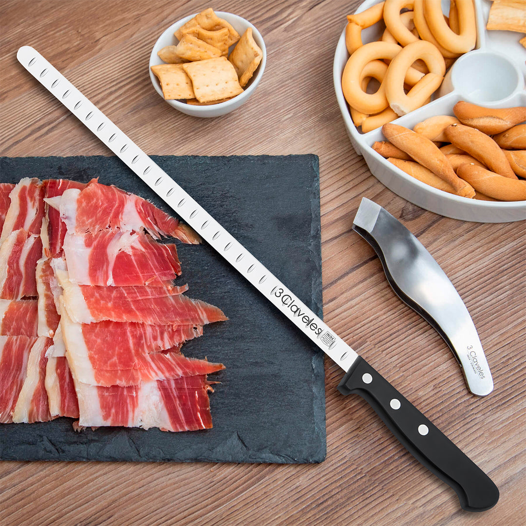 3 Claveles POM - Kit Profesional de Cuchillo Jamonero con Deshuesador y Pinzas