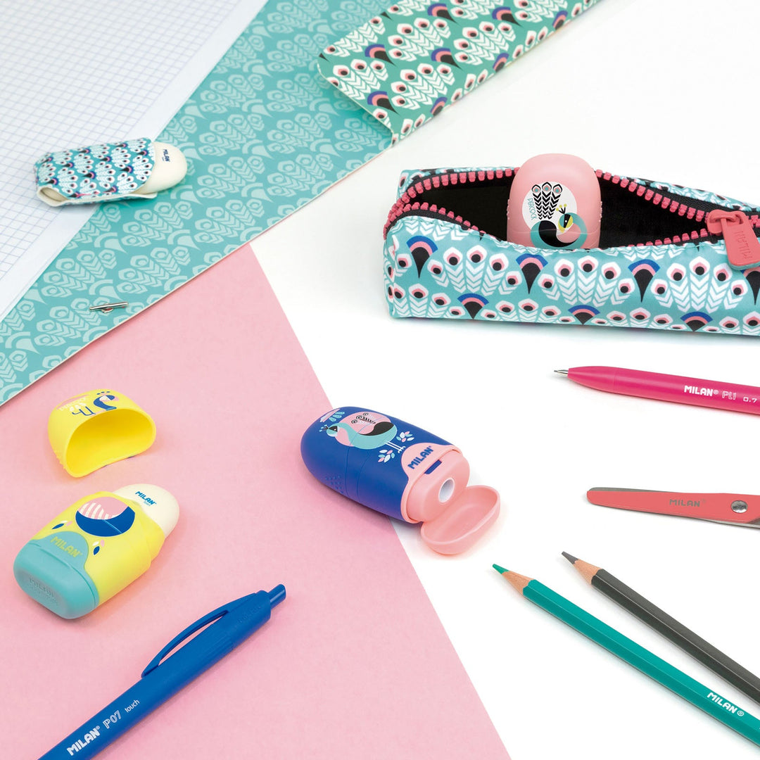 MILAN CAPSULE Peacock - Caja Expositora Afilaborra. Combinación de Goma y Sacapuntas. Colores Surtidos.
