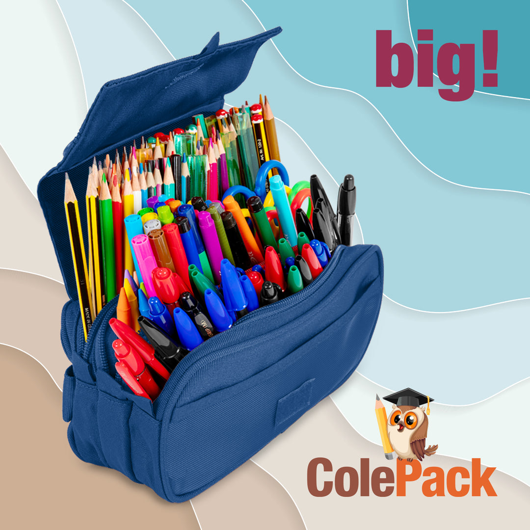 ColePack Eco - Estuche Triple de 3 Cremalleras con Material Escolar Incluido. Azul Oscuro