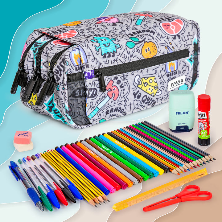 Grafoplás Design - Estuche Portatodo Triple con Solapa para Material Escolar. Random