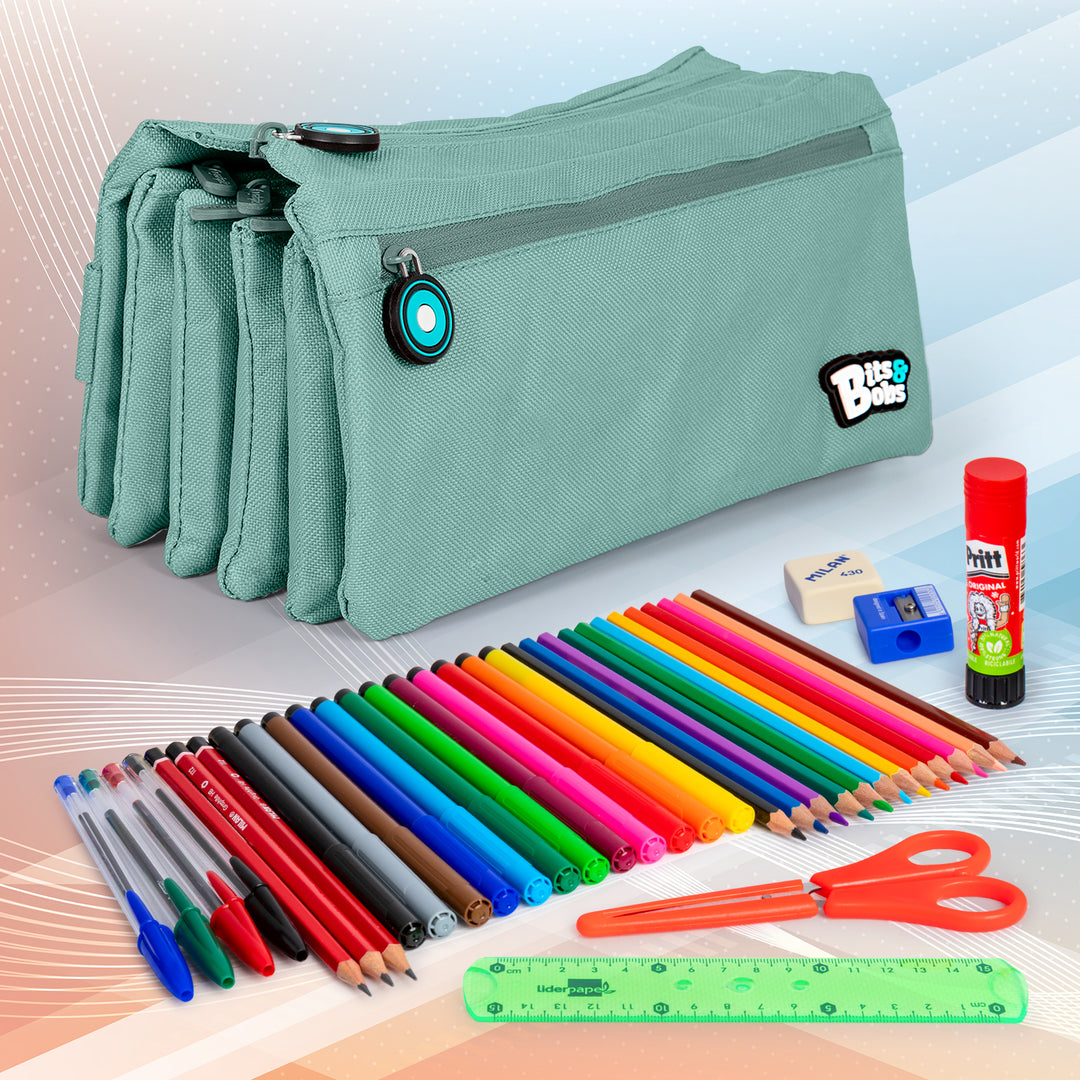 ColePack Eco36 - Estuche Cuadruple de 4 Cremalleras con Material Escolar Incluido. Azul Soft