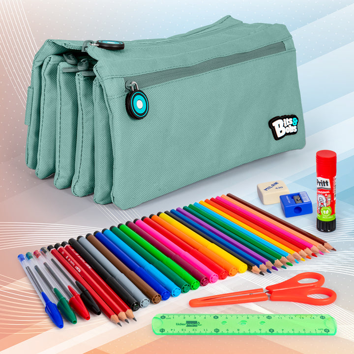 ColePack Eco36 - Estuche Cuadruple de 4 Cremalleras con Material Escolar Incluido. Azul Soft