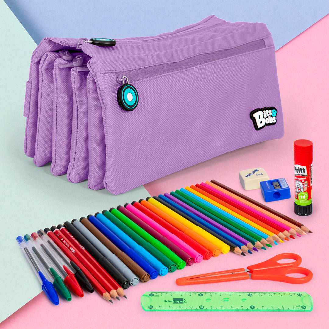 ColePack Eco36 - Estuche Cuadruple de 4 Cremalleras con Material Escolar Incluido. Lavanda