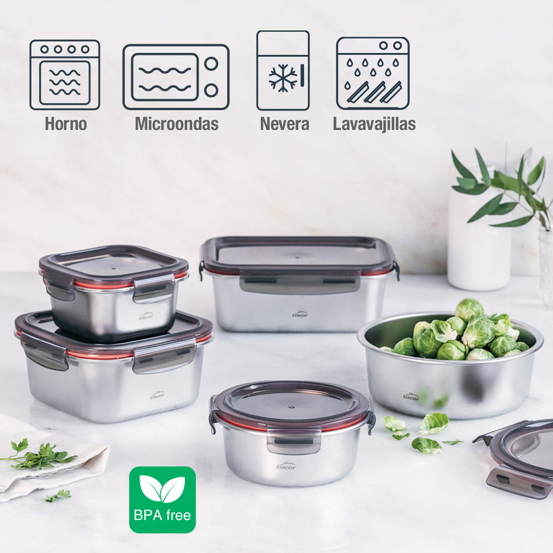 LACOR TwoGo - Recipiente Rectangular de 0.45L + 0.28L en Acero Inoxidable Apto Microondas