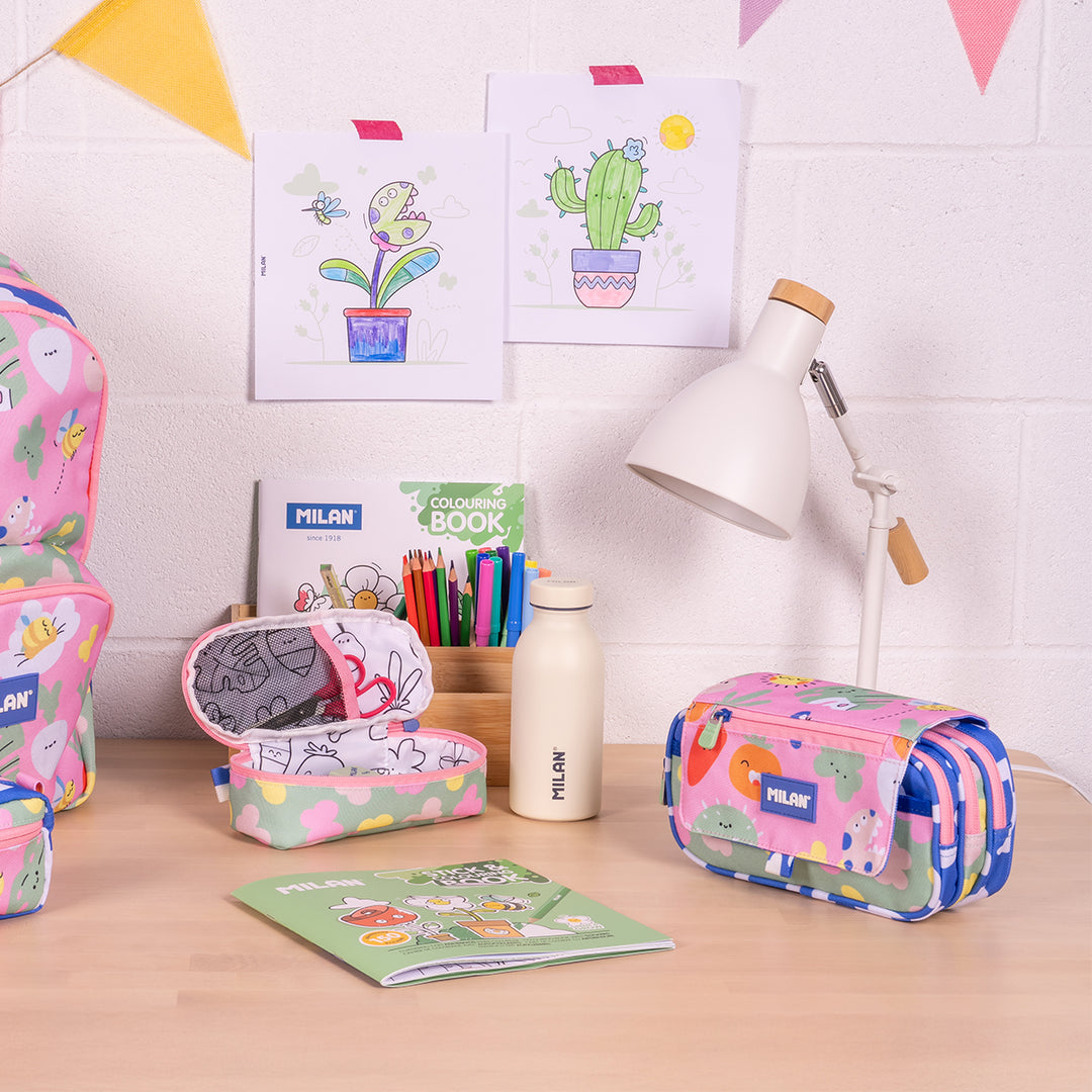 ColePack PRO Milan - Estuche Triple de 3 Cremalleras y Material Escolar Incluido. Green Grow