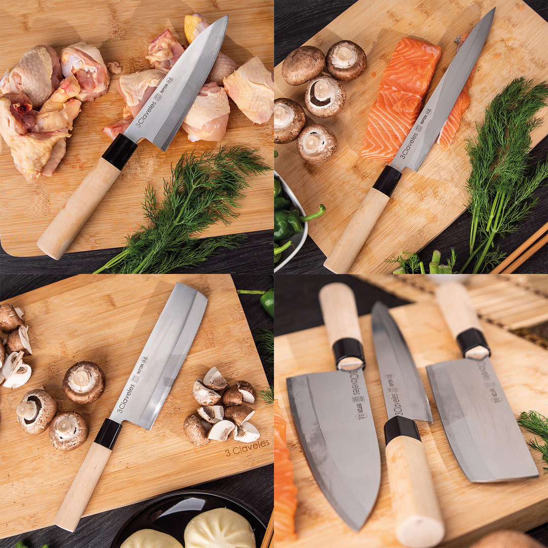 3 Claveles NIPON - Kit Cuchillos Medianos Tipo Japonés Acero Inoxidable y Mango de Arce