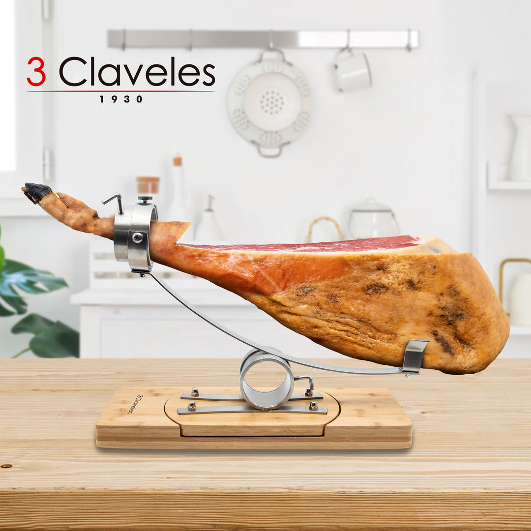 3 Claveles - Soporte Jamonero Basculante 360º en Bambú y Chasis de Acero con Cubre Jamón