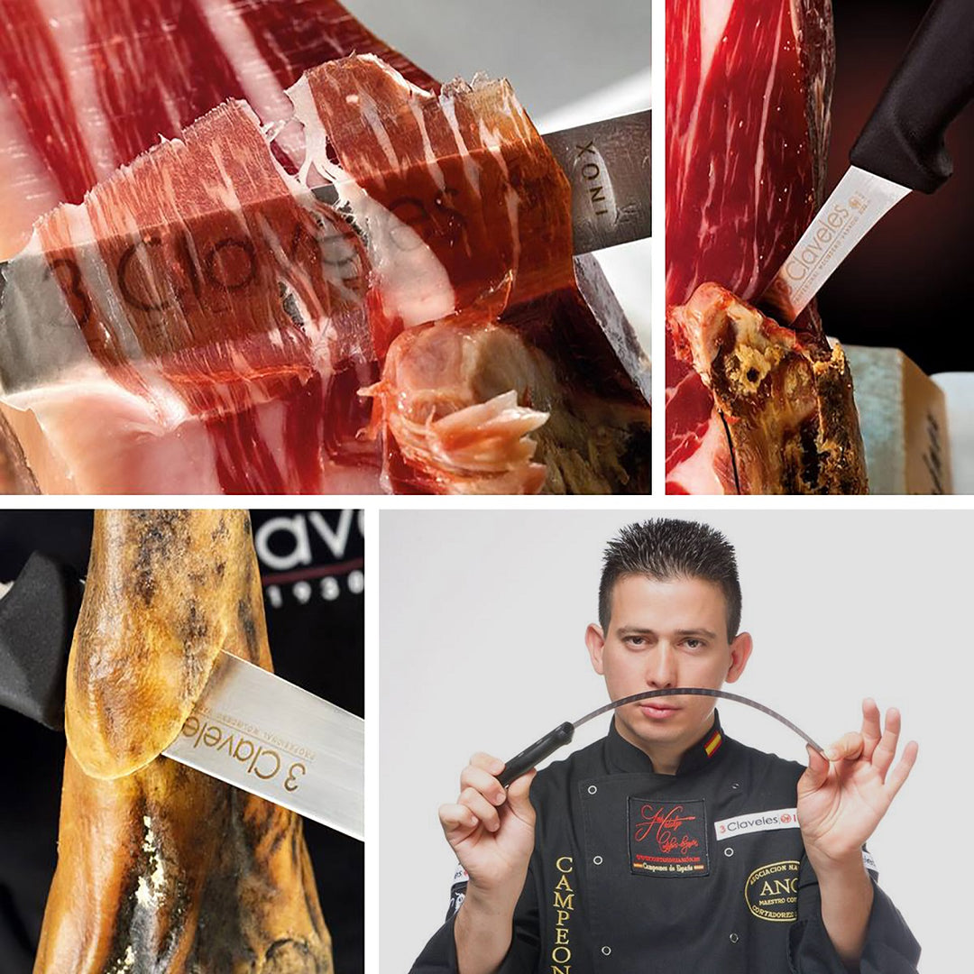 3 Claveles POM - Kit Profesional de Cuchillo Jamonero Deshuesador Chaira y Pinzas