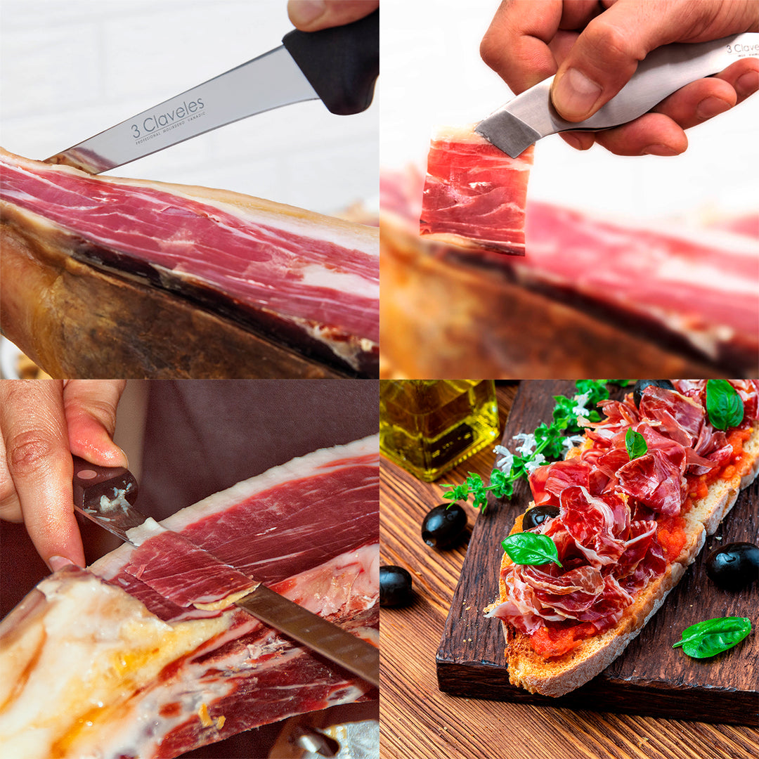 3 Claveles Gourmet - Kit Profesional de Cuchillo Jamonero Deshuesadores Chaira y Funda