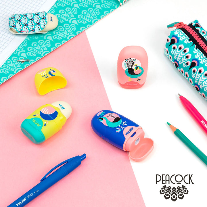 MILAN COMPACT PEACOCK - Afilaborra Compact. Combinación de Goma y Sacapuntas. Azul-Amarillo