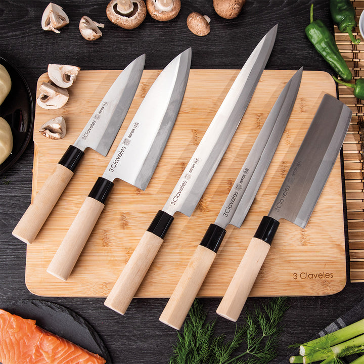 3 Claveles NIPON - Kit Cuchillos Grandes Tipo Japonés Acero Inoxidable y Mango de Arce