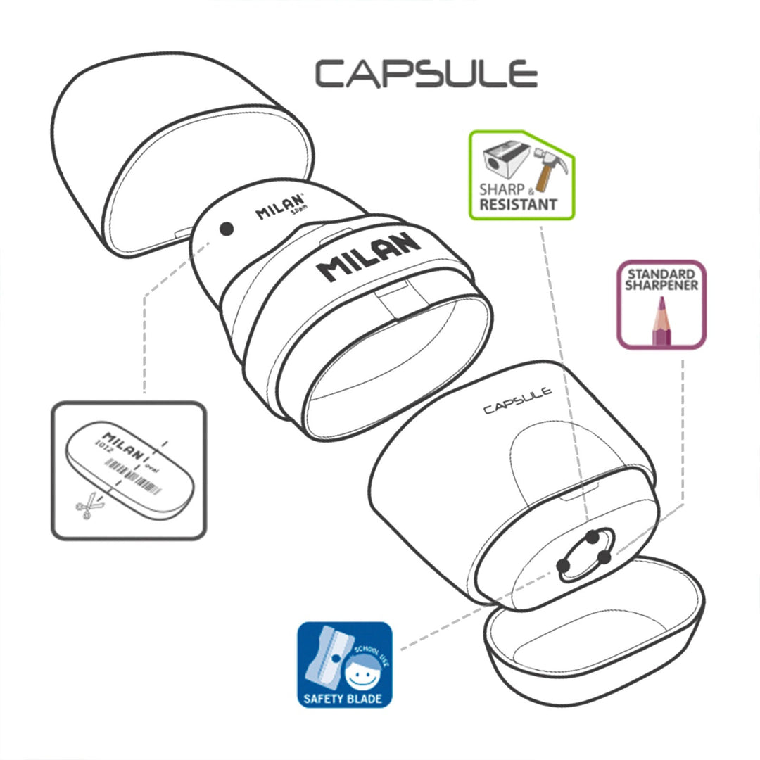 MILAN CAPSULE Peacock - Caja Expositora Afilaborra. Combinación de Goma y Sacapuntas. Colores Surtidos.