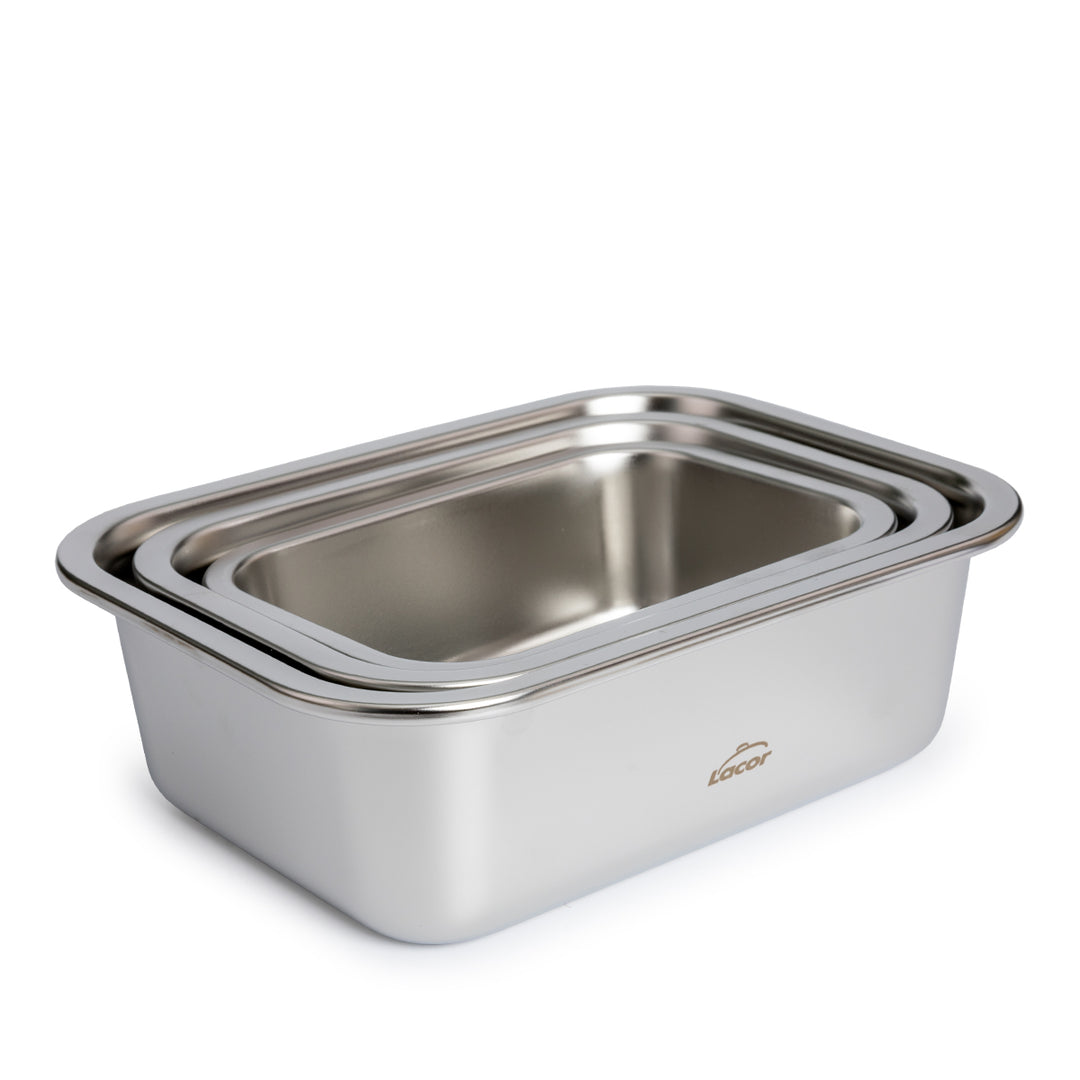 LACOR EcoInox - Lote de 3 Recipientes Rectangulares de 0.5L, 0.8L y 1.2L en Acero Inox. Apto Microondas