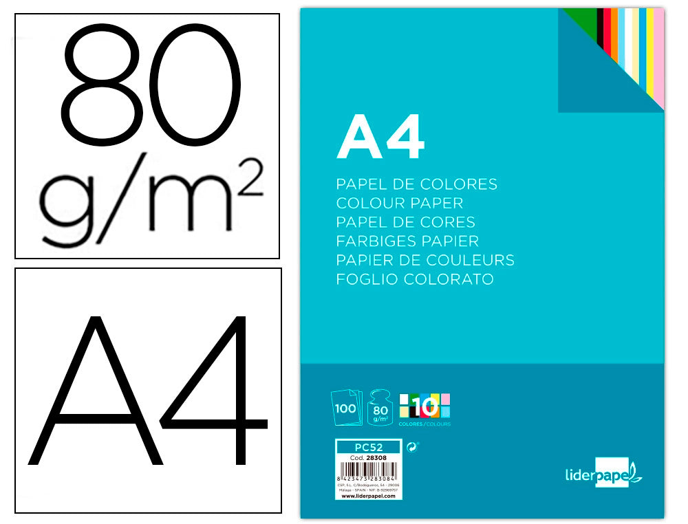 LIDERPAPEL - Papel Color A4 80g/M2 10 Colores Surtidos Paquete de 100