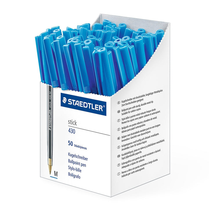 STAEDTLER - Caja de 50 Bolígrafos Stick 430 de Punta Media Color Azul