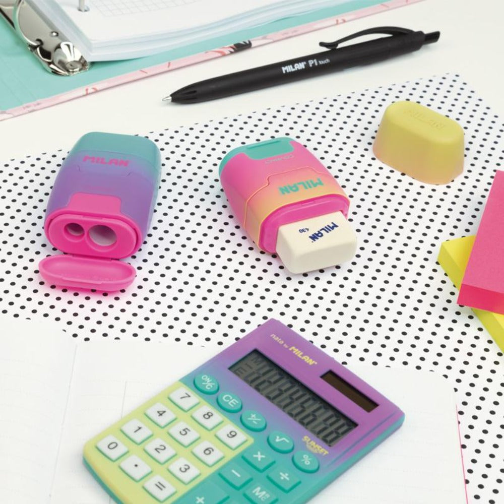 MILAN Sunset - Caja Expositora Afilaborra Compact. Combinación de Goma y Sacapuntas Doble. Colores Surtidos