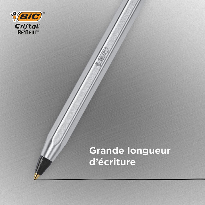 BIC 997201 - Bolígrafo Cristal RE'NEW de Tinta Negra con 2 Recambios, Metálico