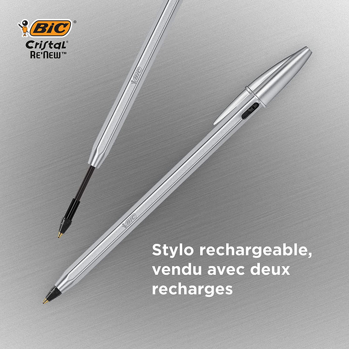 BIC 997201 - Bolígrafo Cristal RE'NEW de Tinta Negra con 2 Recambios, Metálico