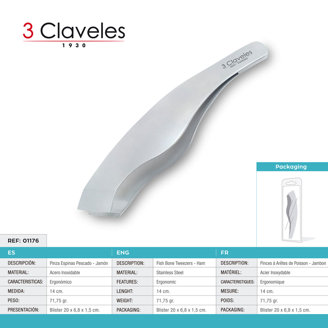 3 Claveles - Pinza Ergonómica para Espinas de Pescado y Jamón de 14 cm