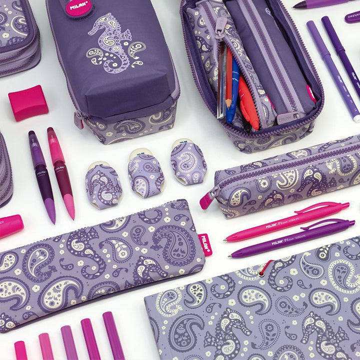 MILAN Drops - Estuche Escolar Portatodo de 3 Compartimentos. Violeta