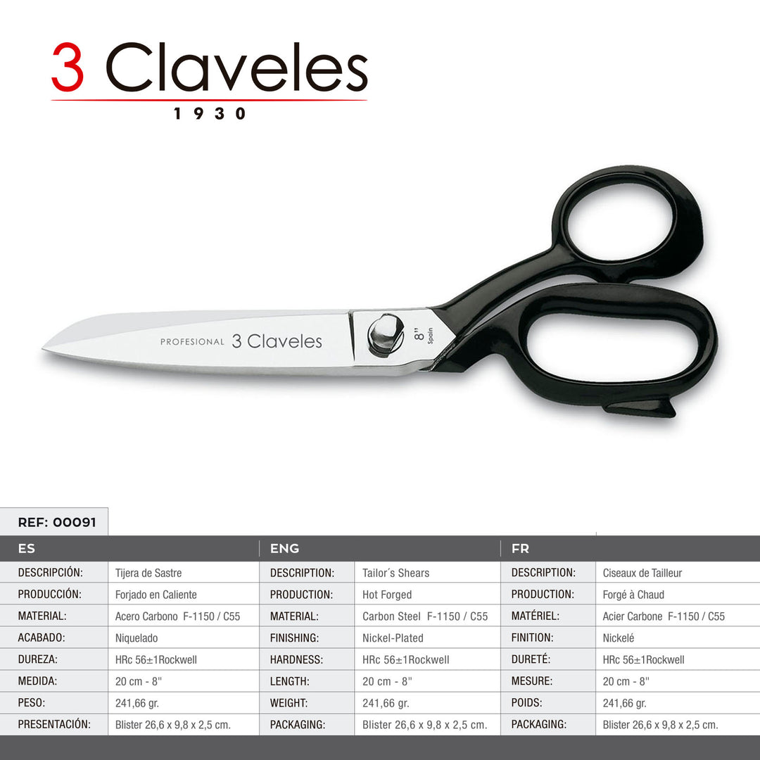 3 Claveles - Tijeras Multiuso Profesionales Forjadas Tipo Sastre de 20 cm - 8"